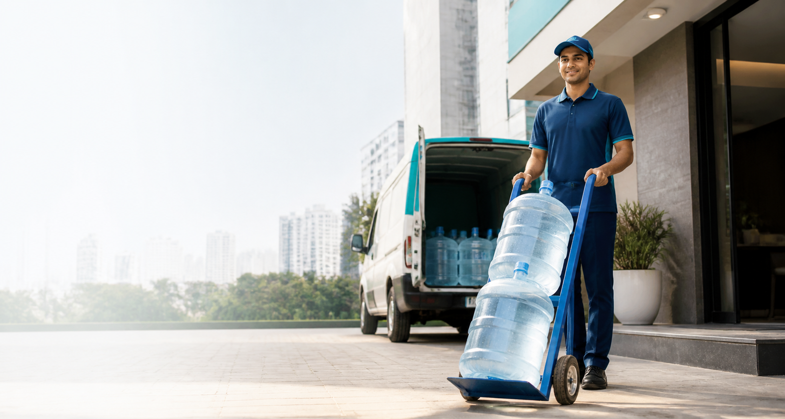 Lion Water delivery professional with sealed drinking water cans